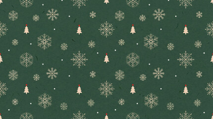 Green Christmas background with snowflakes and christmas trees,seamless pattern of christmas trees and snowflakes on green background,Christmas wrapping paper, Xmas pattern with ornaments