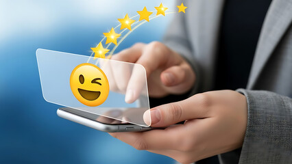 Person holding smartphone with winking emoji and rating stars on transparent screen interface app