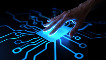 Close up of a human hand interacting with a glowing blue futuristic computer chip circuit board with intricate glowing lines on a dark background