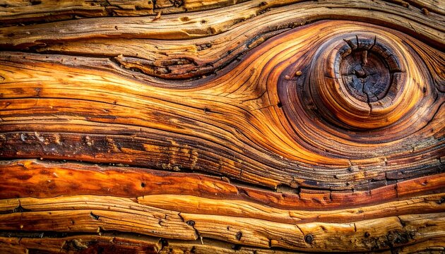 Close up macro view of weathered wood grain with a prominent knot creating an eye like pattern and rich natural textures - Powered by Adobe