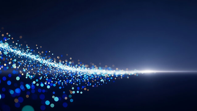 A dark blue background with a stream of glowing blue and white particles flowing across the frame