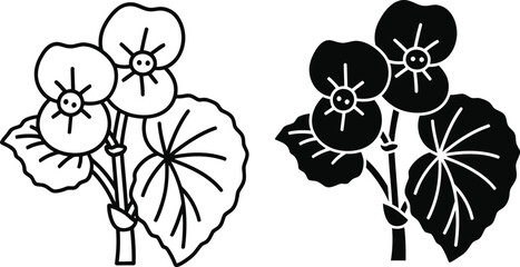 Vactor Black and white outline and silhouette of blooming flowers with leaves blossom