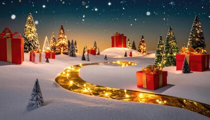 Magical Winter Wonderland Christmas Scene with Glowing Lights and Gifts.