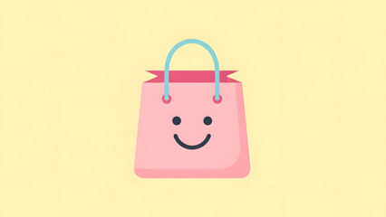 Vibrant pink shopping bag illustration featuring a friendly smiling face, ideal for depicting online retail, e-commerce platforms, and happy customer experiences