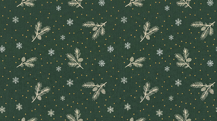 Green Christmas background with snowflakes and christmas trees,seamless pattern of christmas trees and snowflakes on green background,Christmas wrapping paper, Xmas pattern with ornaments