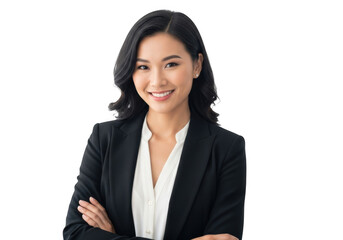 Smiling young asian businesswoman with dark wavy hair wearing a professional black suit and white blouse arms crossed isolated on transparent background