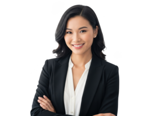 Smiling young asian businesswoman with dark wavy hair wearing a professional black suit and white blouse arms crossed isolated on transparent background