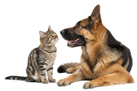 Playful Scottish Straight cat and German Shepherd dog together, isolated on a white background. Cute interaction between two domestic pets, perfect for animal-themed designs, advertising, and educatio