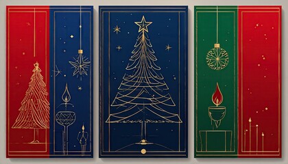 Elegant Gold Line Art Christmas Tree and Holiday Decorations on Festive Backgrounds.