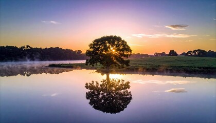 A lone tree is silhouetted against a vibrant sunrise, its reflection perfectly mirrored in a calm lake. The scene evokes tranquility and natural beauty.