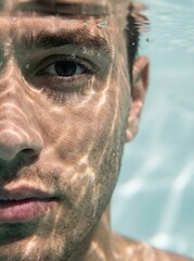 Surreal underwater portrait of a man's face with light patterns and bubbles, creating a unique and captivating image of calmness and immersion