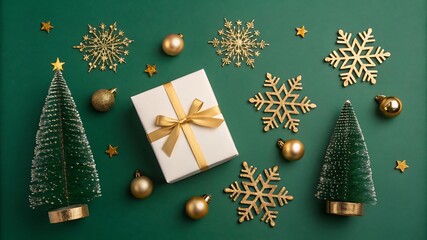 Festive christmas flat lay with golden snowflakes baubles gift box and trees on green background