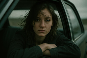 Contemplative young woman gazing from car window, seeking adventure on the open road, embracing freedom and independence during a reflective journey