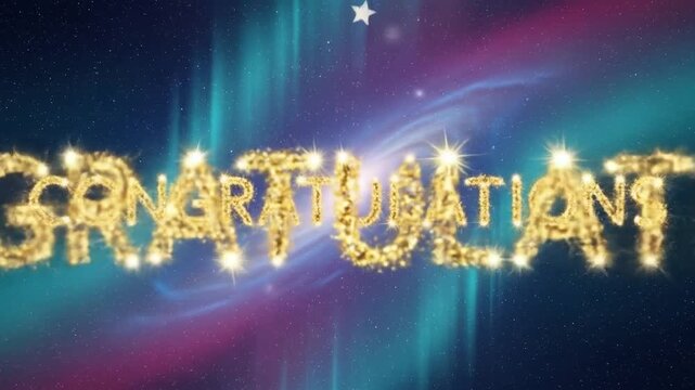 Animated Congratulations Text with Sparkling Gold Particles on Nebula Background for Celebrations