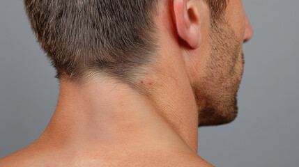 Obraz premium Close up of back of neck skin under soft lighting, showing short brown hair, stubble, and natural male skin texture, neutral background, healthy appearance