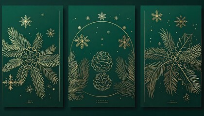 Elegant Golden Christmas Illustrations Set Featuring Pine Branches Holly and Snowflakes on Dark Green Background.