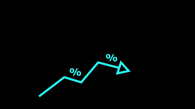 Interest rate increase concept. Businessman use a Neon up arrow with percentage symbols and upward arrows, symbolizing rising interest rates. financial growth, dividend yield,