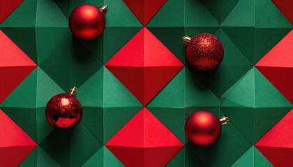 Festive Geometric Christmas Background with Red Ornaments and Folded Paper Pattern.