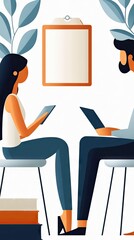 Illustration of two people, a man and a woman, working with a laptop and a tablet in a minimalist office setting. Clipboard and plants are also visible.