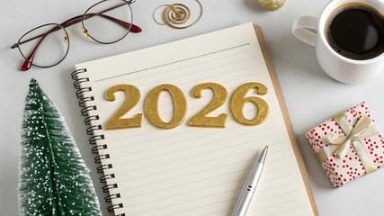 Golden 2026 numbers on a notebook with christmas tree and coffee cup overhead view