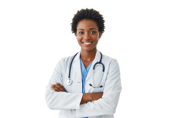 Smiling african american female doctor wearing a white lab coat and stethoscope with arms crossed isolated on transparent background