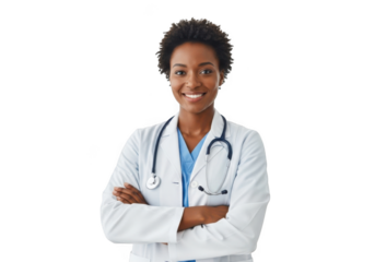 Smiling african american female doctor wearing a white lab coat and stethoscope with arms crossed isolated on transparent background