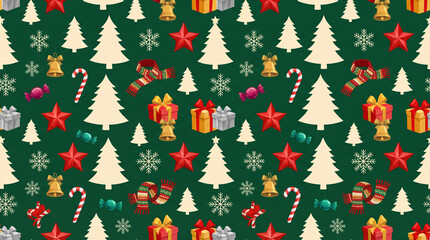 Green Christmas background with snowflakes and christmas trees,seamless pattern of christmas trees and snowflakes on green background,Christmas wrapping paper, Xmas pattern with ornaments