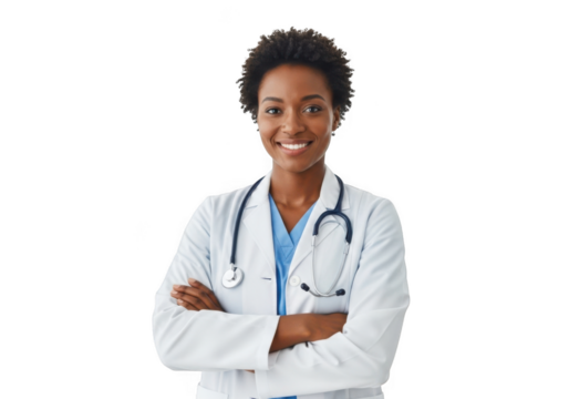 Smiling african american female doctor wearing a white lab coat and stethoscope with arms crossed isolated on transparent background