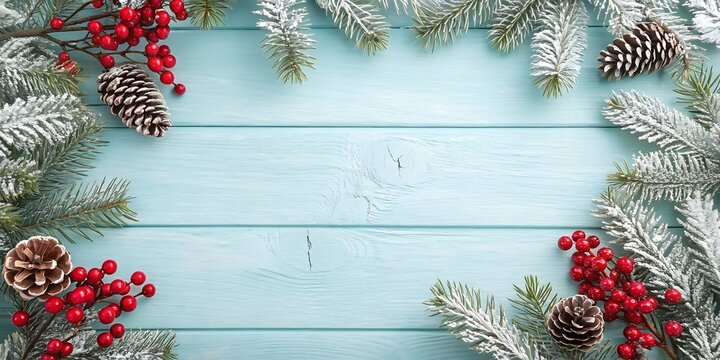 Festive christmas garland of frosted pine branches with red berries and pinecones on light blue wooden background - Powered by Adobe