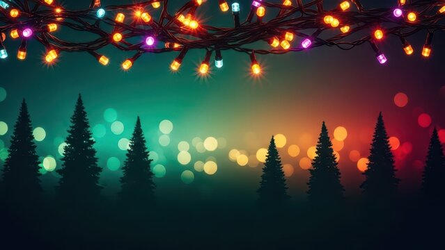 Magical christmas forest with silhouetted trees and colorful bokeh lights creating a festive mood - Powered by Adobe