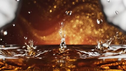A golden liquid crown rises upon impact, with droplets scattering against a bokeh background - Powered by Adobe