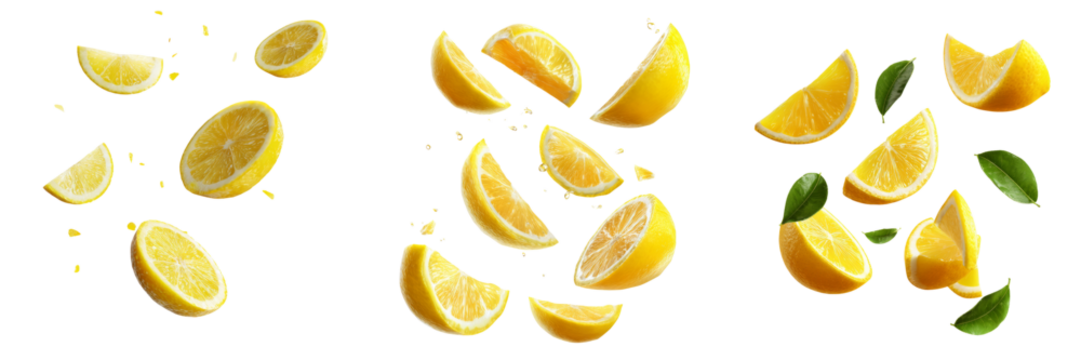 Fresh lemon slices falling transparent background food photography isolated bright colors