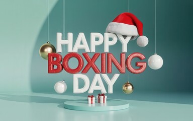 Happy boxing day greeting with festive ornaments and santa hat