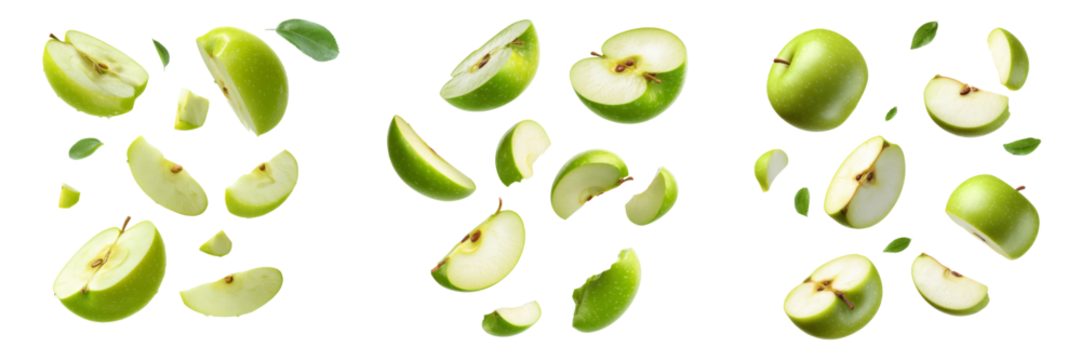 Dynamic slices of green apples studio setting photo with transparent background isolated view