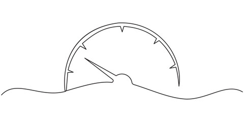 Continuous one line drawing of speedometer. Minimal speedometer silhouette in abstract linear style. Simple one line vector illustration for automotive or dashboard design