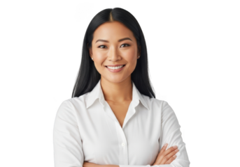 A smiling young asian woman with long dark hair wearing a white collared shirt with arms crossed isolated on transparent background