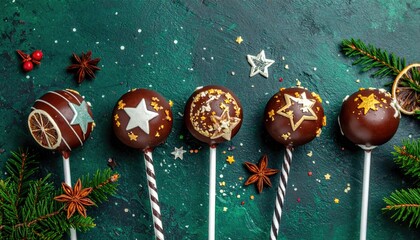 Festive chocolate cake pops decorated with stars and dried orange slices.