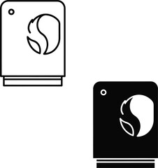 Vactor Black and white outline and solid icons of a washing machine with a leaf symbol