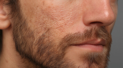Fototapeta premium Macro detail of rough uneven male cheek texture with enlarged pores, facial hair, stubble, and natural skin imperfections, showing realistic human skin closeup