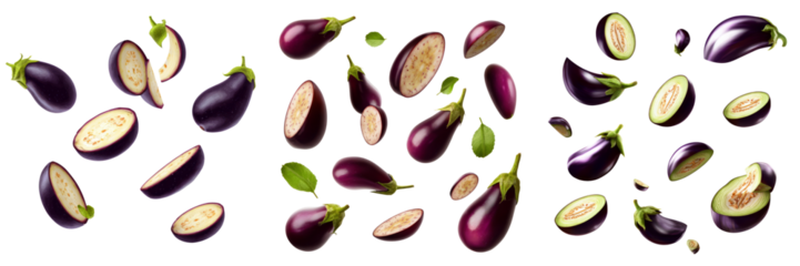 Floating eggplants transparent background culinary art modern kitchen creative composition