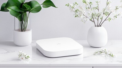 A white router sits on a marble table, surrounded by vases with green plants and white flowers. The scene is minimalist and well-lit.
