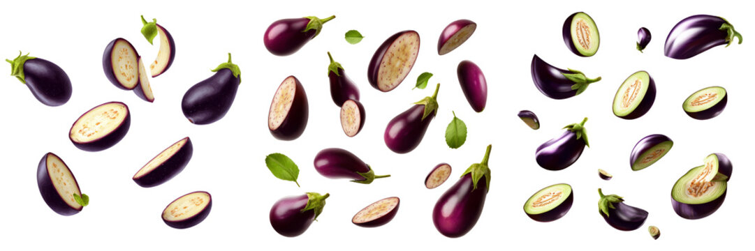 Floating eggplants transparent background culinary art modern kitchen creative composition