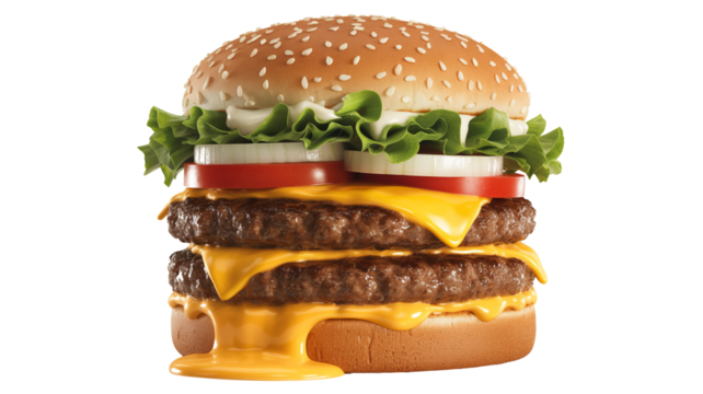 Juicy double cheeseburger with fresh toppings ready for lunch menus and fast food promotions now - Powered by Adobe