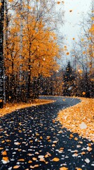 An asphalt road winds through a forest in autumn, covered with fallen orange leaves. Falling leaves and a cloudy sky create a serene atmosphere.
