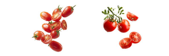 Fresh cherry tomatoes in motion studio photography transparent background vibrant colors