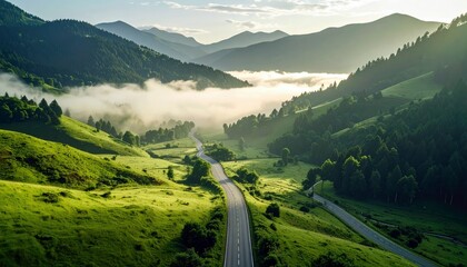 Scenic view of a winding road through a green valley with mountains, fog, and sunlight. The road leads into the distance, surrounded by lush vegetation and tree