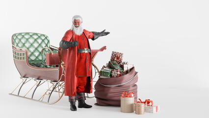 Santa Claus with Sleigh and Gift Bag on White Background