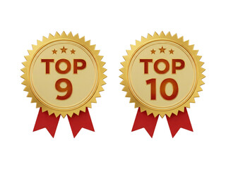 Fototapeta premium Top nine and top ten golden 3d badge with red ribbon illustration