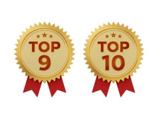 Top nine and top ten golden 3d badge with red ribbon illustration