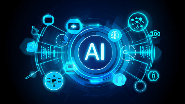 Futuristic ai network connecting various digital icons representing technology and innovation in a glowing blue digital interface